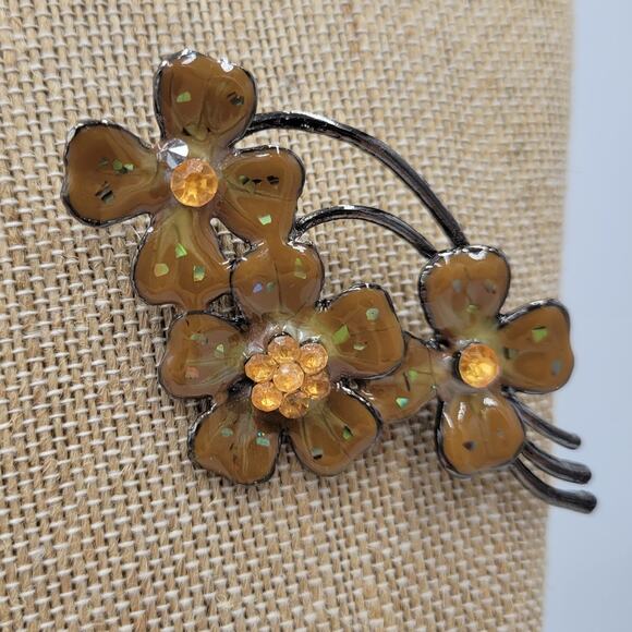 Vintage Enamel Brooch Pin 3" Brown Orange Flower Bouquet Rhinestone AB‎ Flecked - Picture 1 of 14